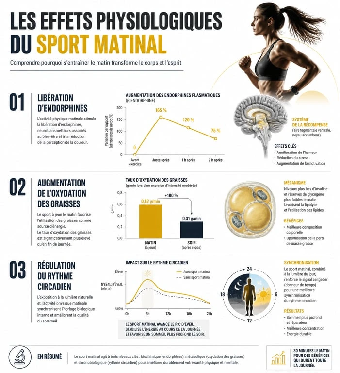Infographie sur les bienfaits physiologiques du sport matinal pour la santé et l'énergie