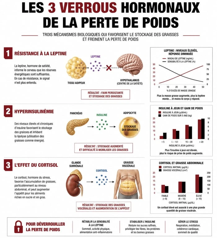 Infographie expliquant les blocages hormonaux de la perte de poids : leptine, insuline et cortisol