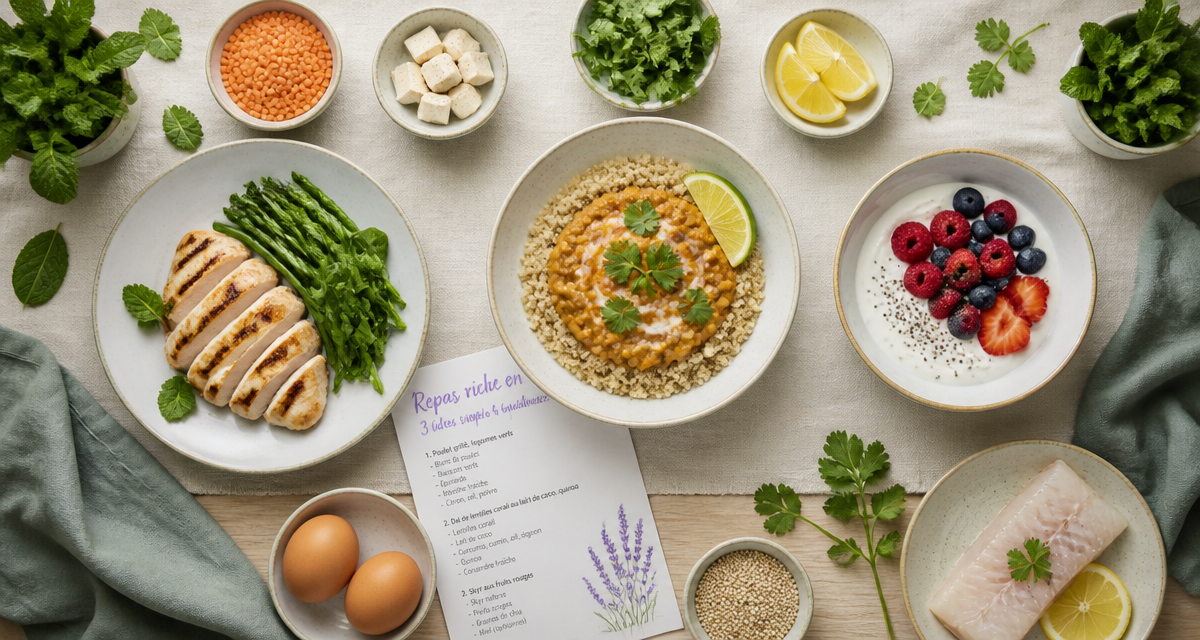 repas riche en proteine vue flat lay