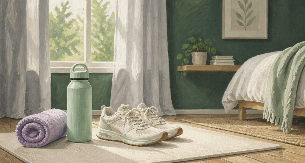 Sport matinale baskets et tapis au réveil