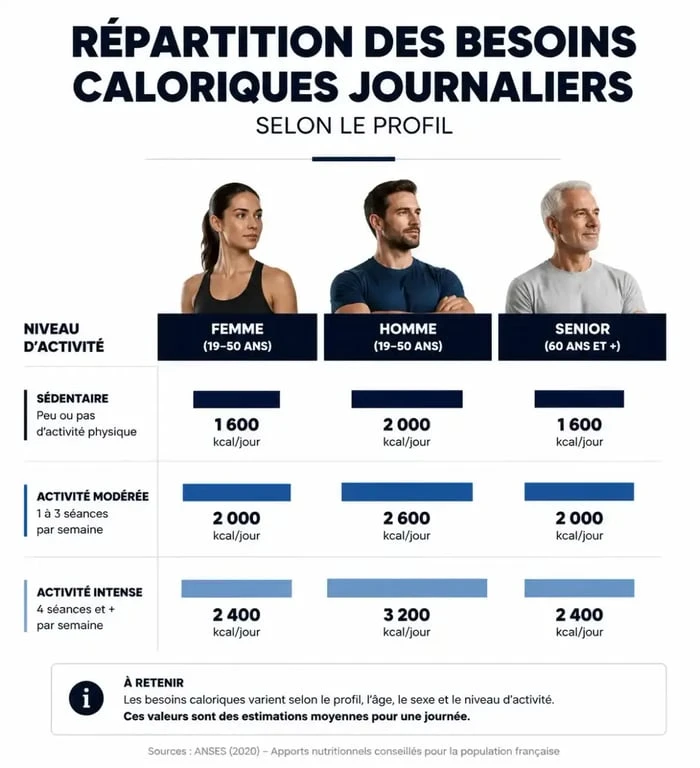 Infographie des besoins caloriques journaliers de 2000 calories par jour selon le profil et l'activité physique