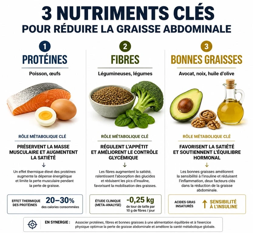 Infographie des aliments pour perdre le ventre : protéines, fibres et bonnes graisses