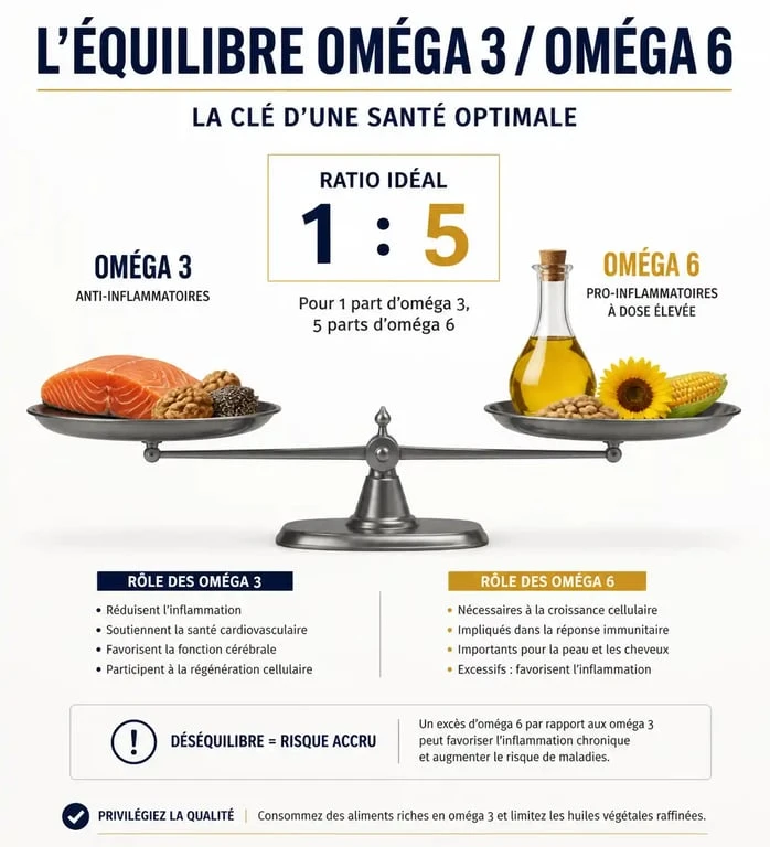 Infographie sur l'équilibre des oméga 3 et 6 pour la santé