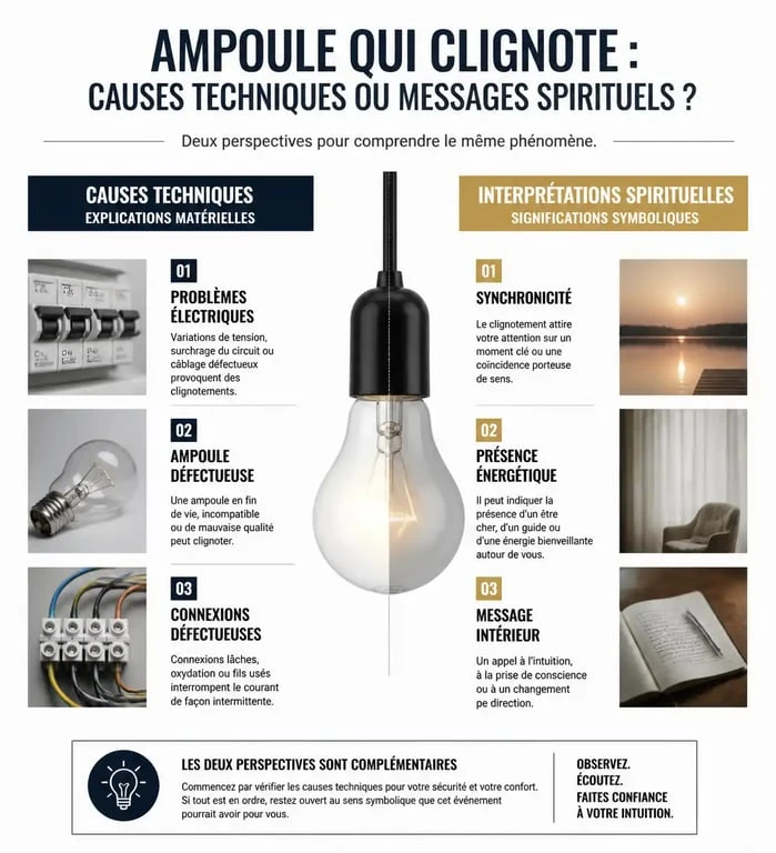 Infographie comparant les causes techniques et la signification spirituelle d'une lumière qui clignote toute seule