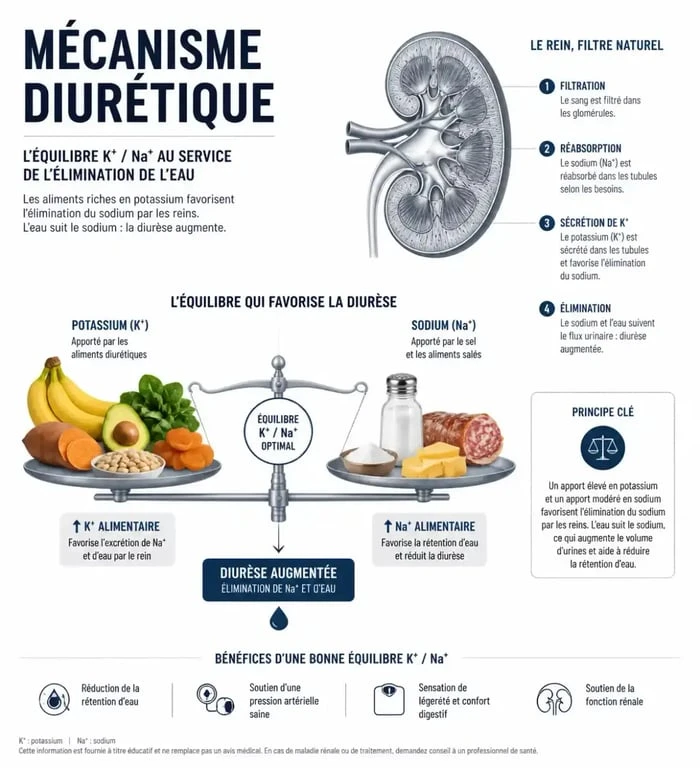 Infographie sur les bienfaits des aliments diurétiques et le rôle du potassium dans l'élimination de la rétention d'eau