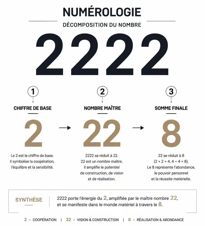 Signification numérologique du nombre 2222 et décomposition en maître nombre 22 et chiffre 8
