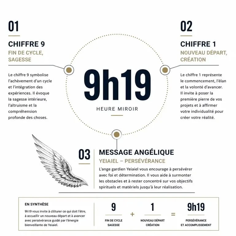 Infographie explicative de la signification spirituelle et numérologique de l'heure miroir 9h19