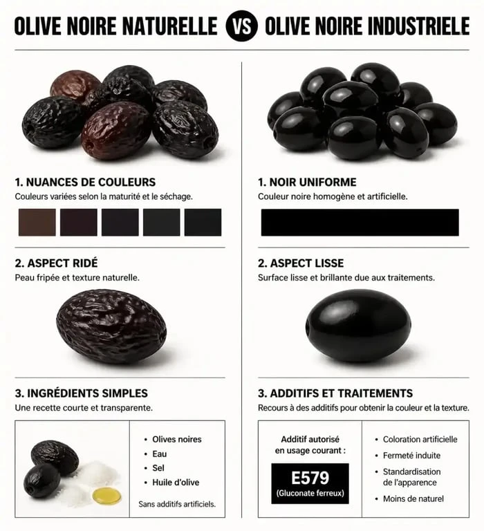 Infographie comparative entre olives noires naturelles et olives noires industrielles pour comprendre les dangers pour la santé