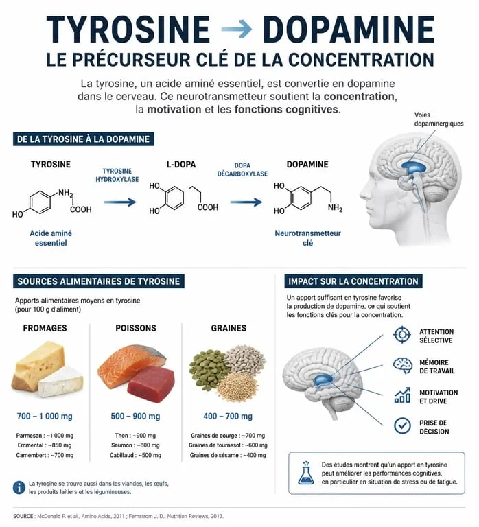 Infographie des bienfaits et sources alimentaires riches en tyrosine pour la santé cérébrale