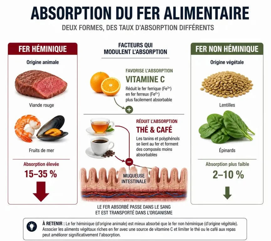 Infographie sur l'absorption du fer et les aliments riches en fer pour lutter contre la carence