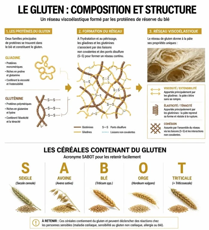 Infographie explicative sur le gluten : composition, réseau glutineux et céréales à éviter (SABOT)