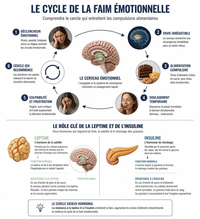 Infographie expliquant le rôle de la leptine et de l'insuline dans la perte de poids et le manque de volonté