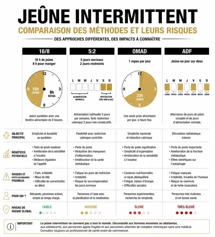 Infographie comparative des risques du jeûne intermittent 16/8 et autres méthodes