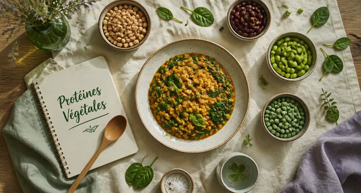 legumes riches en proteines sur table avec curry lentilles