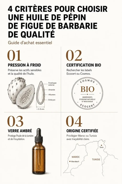 Infographie des critères de qualité pour acheter une huile de pépin de figue de barbarie authentique et bio