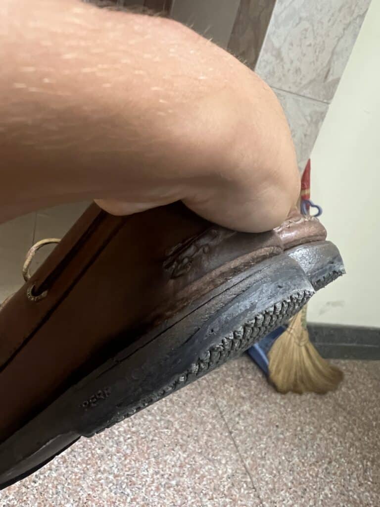 It might be a good idea to bring a newer pair of shoes. You may walk enough to wear the soles down and need a repair like mine.