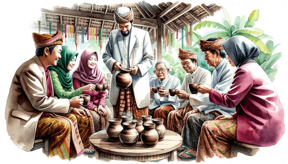 Watercolor painting of a traditional Sumatran coffee ceremony