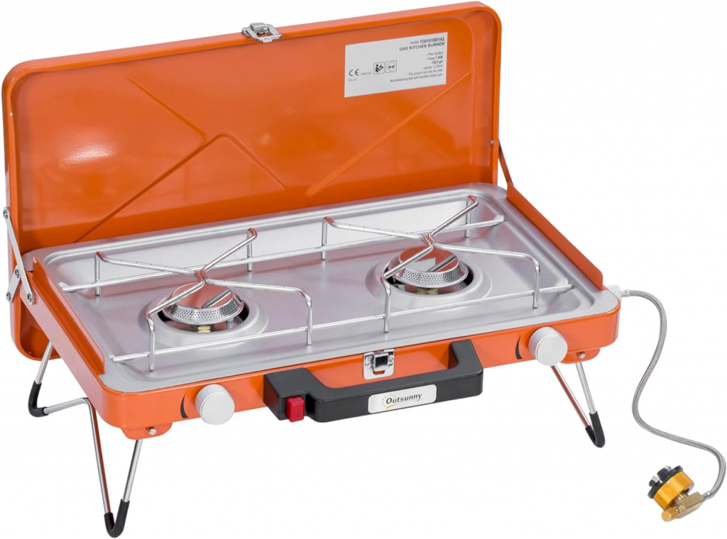 Outsunny Gasgrill, Tischgrill BBQ mit 2 Brennern, Klappbares Tischgasgrill mit Schlauch, Regler