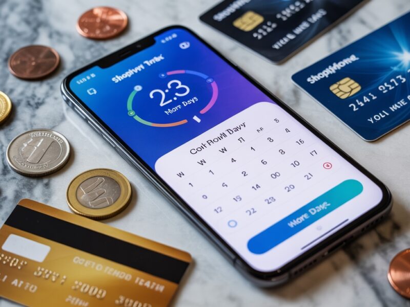 Online shopping app displayed on smartphone with credit cards and coins scattered on marble surface.