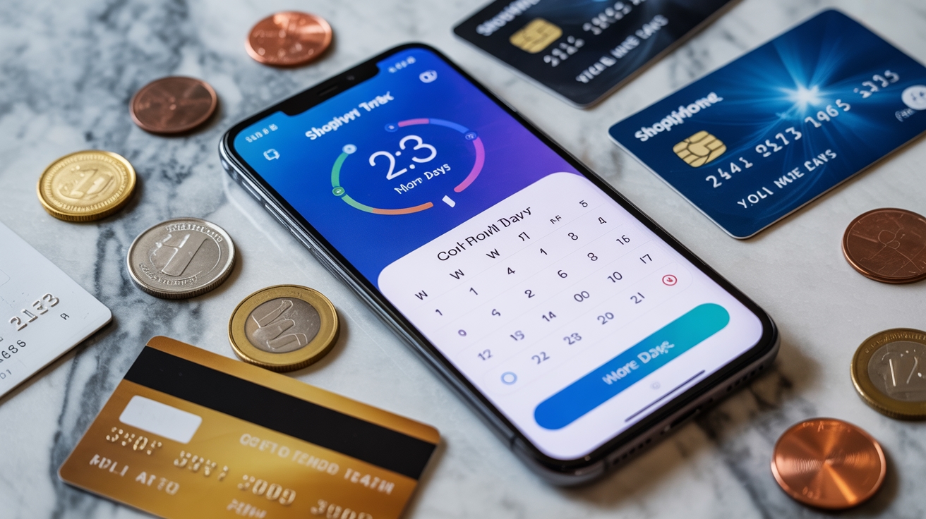Online shopping app displayed on smartphone with credit cards and coins scattered on marble surface.
