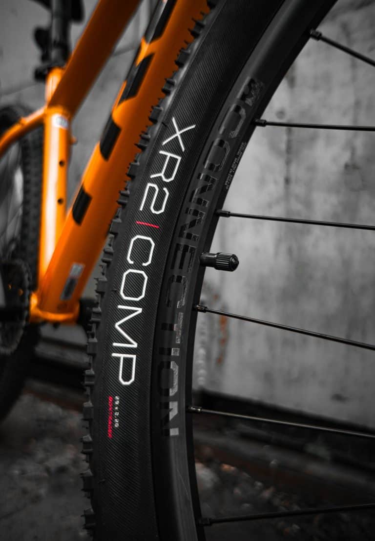 Ruote da mountain bike con pneumatici Maxxis assegna XTREME con dettagli adesivi rossi.