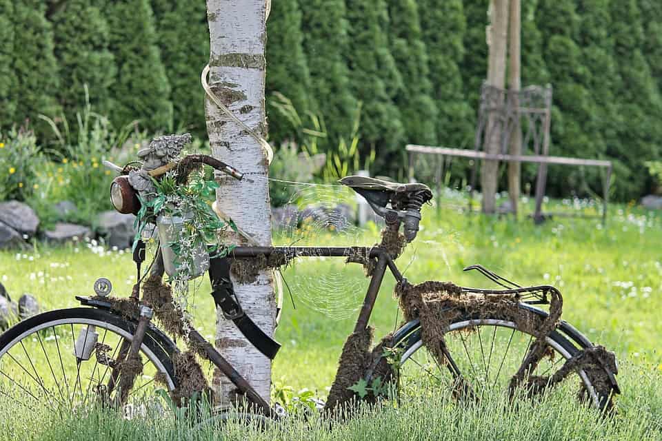 Bicicletta abbandonata con erbacce e rami, simbolo di decadenza e abbandono della natura, in un prato verde con alberi e panchina sullo sfondo, atmosfera di nostalgia e abbandono, deturpata dalla natura.