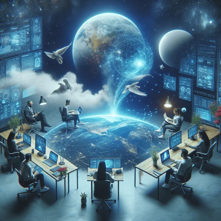 Tecnologia futuristica, gestione dati, intelligenza artificiale, brainstorming creativo, team innovativo, ambiente di lavoro digitale, successo aziendale, brainstorming strategico, collaborazione tech, spazio di lavoro avanzato.