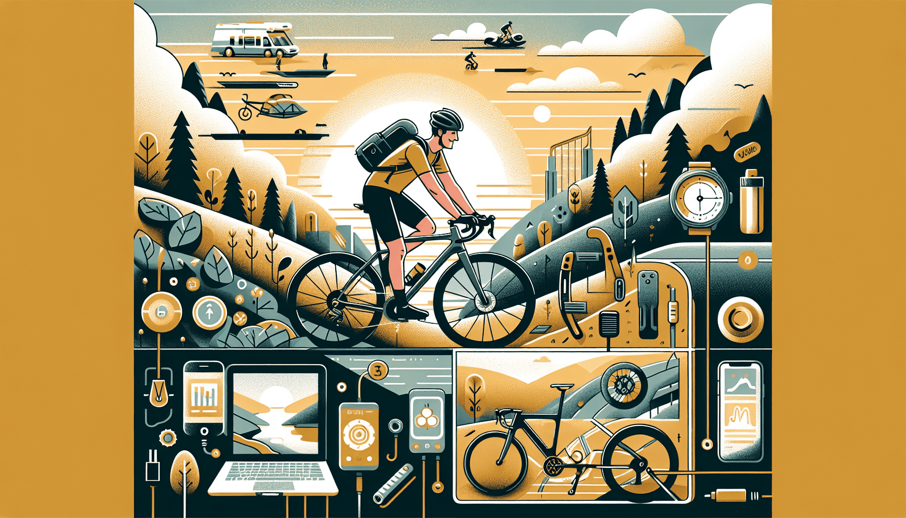 Bici che amore, ciclismo e outdoor: immagine di un ciclista in montagna con altri sport, tecnologie, strumenti e natura, promuovendo il piacere di vivere la bici e le attività all'aperto.