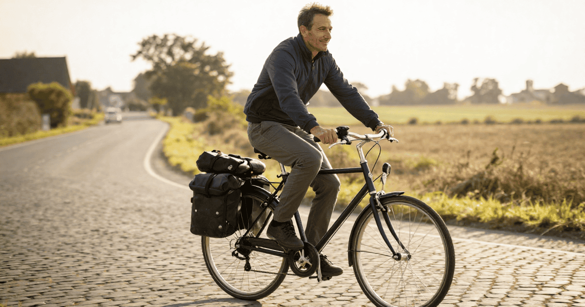 Uomo di mezza età su bici e-bike vintage