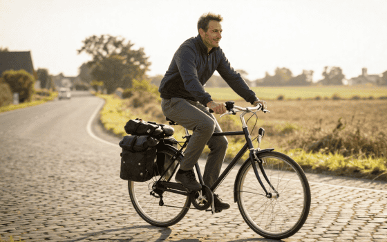 Uomo di mezza età su bici e-bike vintage