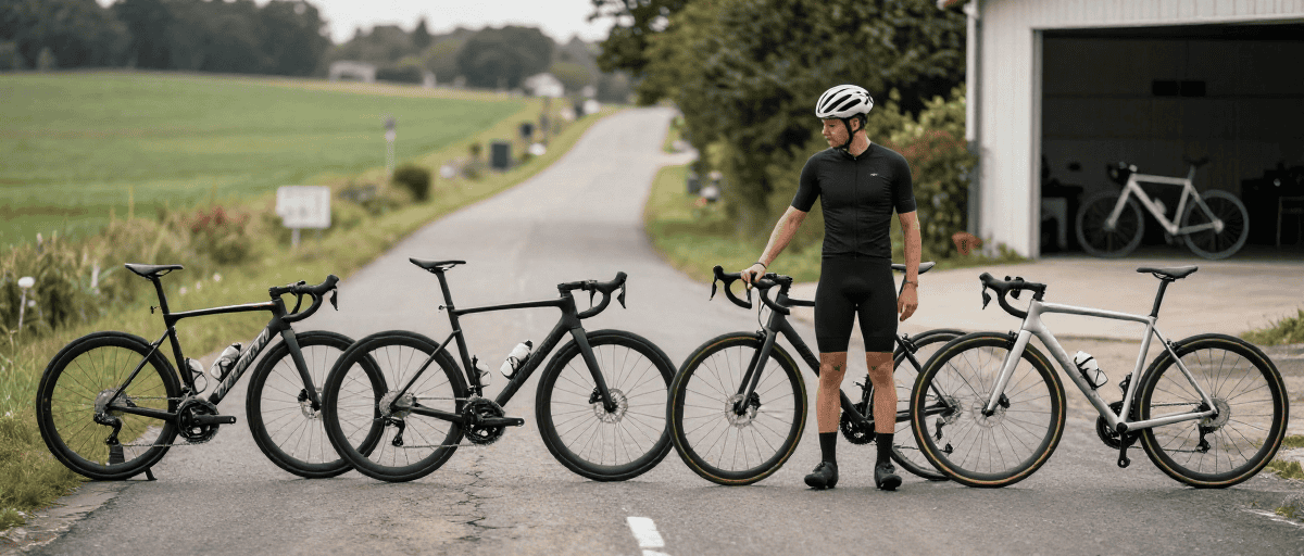 Ciclista con diverse bici da corsa