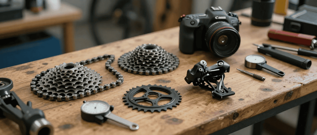 Componenti trasmissione bici disposti sul banco