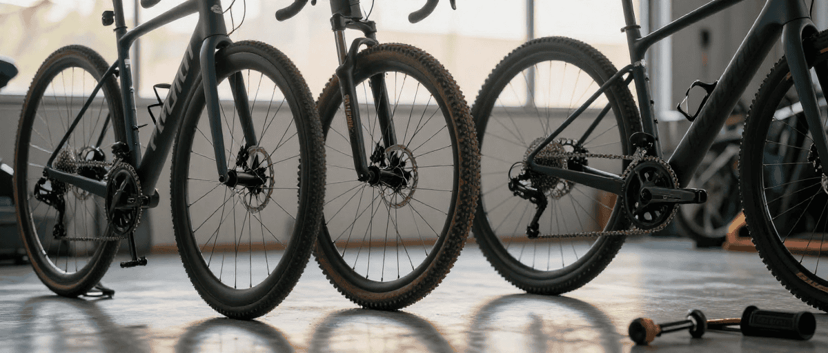 Tre diverse bici con catene in primo piano