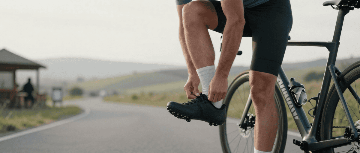 Ciclista in pausa con scarpa da corsa