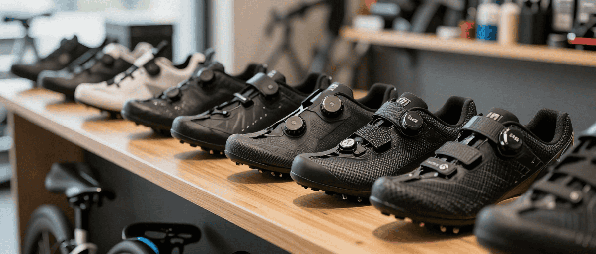 Diverse scarpe da ciclismo su banco