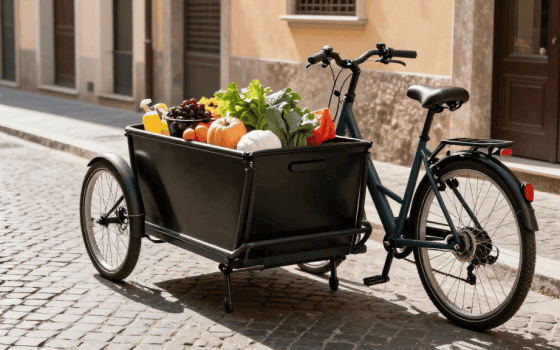 bici cargo elettrica familiare parcheggiata in una strada italiana