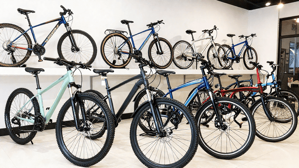 Bici in offerta esposte in un negozio di ciclismo moderno