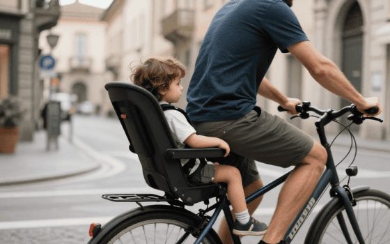 Seggiolino posteriore bici montato su bici urbana per trasporto bambino in sicurezza