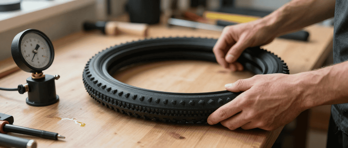 Mani che controllano elasticità camera d'aria