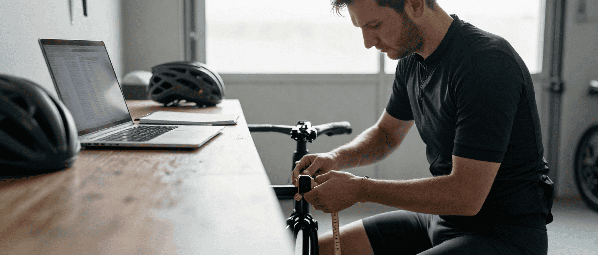 Ciclista che misura la gamba su un telaio bici
