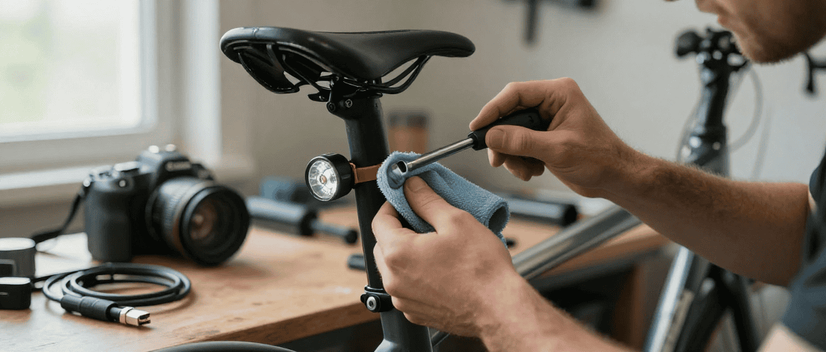 Ciclista monta luce posteriore su reggisella