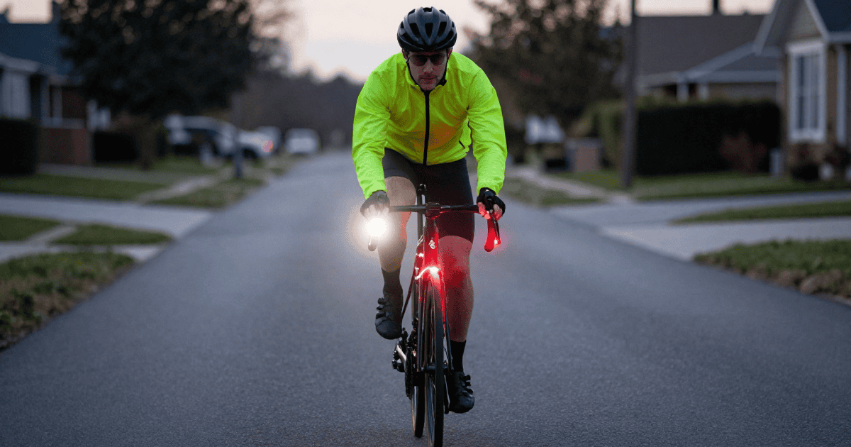 Ciclista stradale al crepuscolo con luci bici
