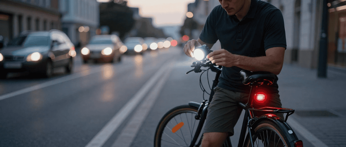 Ciclista controlla luci bici in città al tramonto