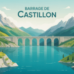 illustration du barrage de castillon lac turquoise et montagnes
