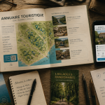 annuaire tourisme flat lay avec cartes et smartphone