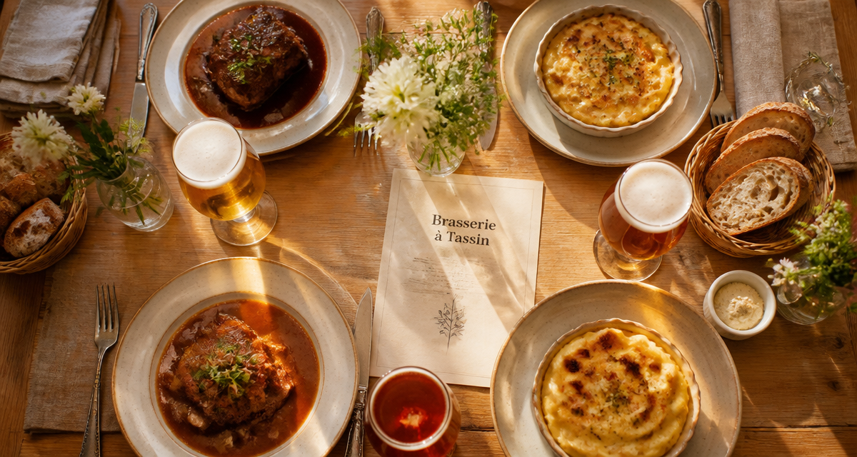 Table brasserie Tassin avec spécialités lyonnaises et bières artisanales