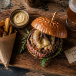 Burger sur Lille gourmet avec frites sur planche