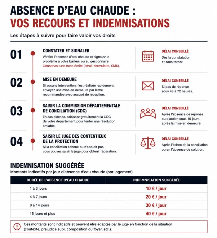 Infographie des étapes de recours et dédommagement pour absence d'eau chaude dans un logement locatif