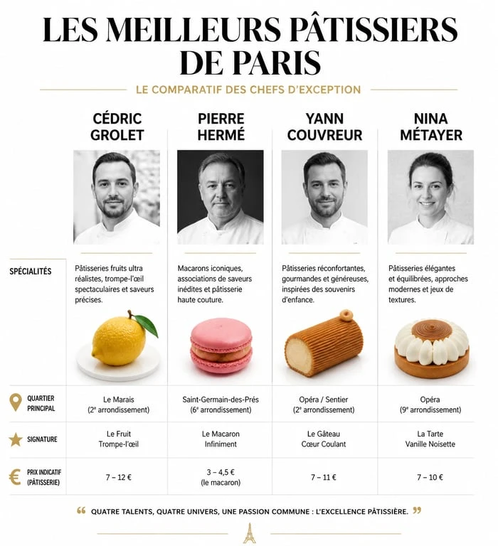 Infographie comparative des meilleurs pâtissiers de Paris et leurs spécialités emblématiques