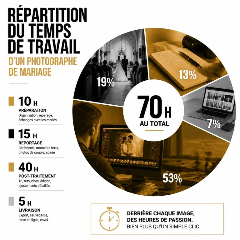 Répartition du temps de travail d'un photographe professionnel de mariage
